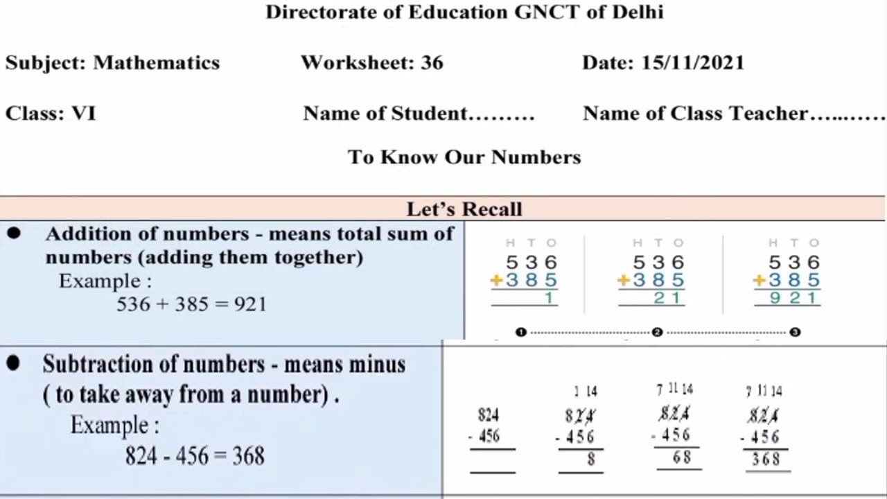 36th Grade Math Mathematics Worksheet 36 Class 6 (15/11/21) English Medium | Worksheet ...