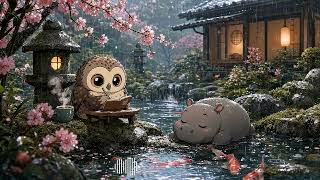 Cozy Rainy Japanese Garden Ambience | Owl Reading with Tea & Cute Hippo for Relaxation,Study & Sleep screenshot 1