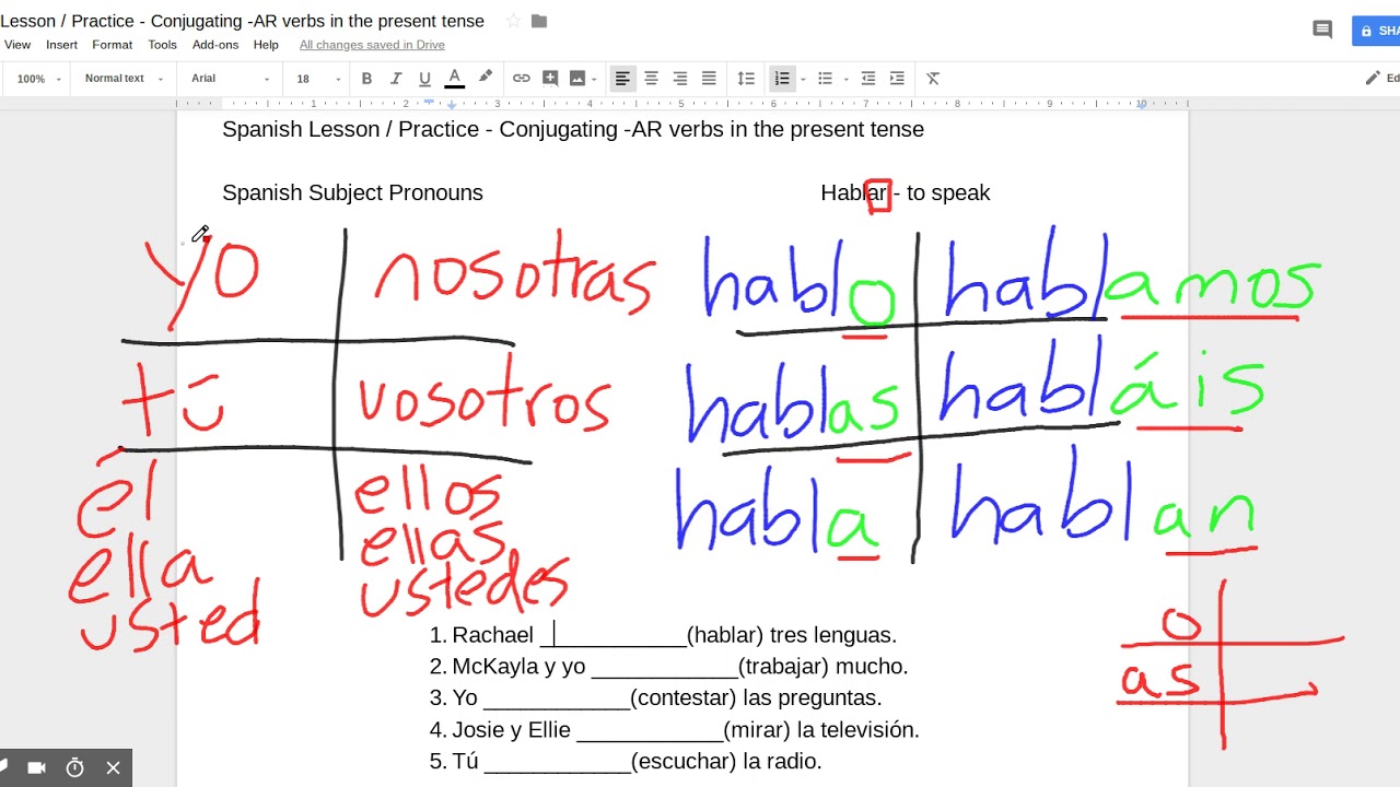 Spanish Lesson Practice Conjugating AR Verbs In The Present Tense YouTube