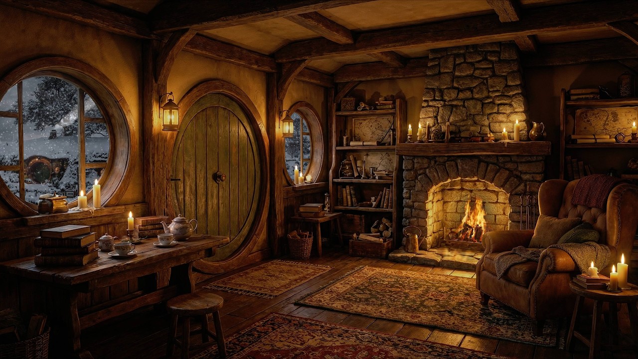 🔥🌨️ Inside a Cozy Hobbit Home During a Snowstorm | Relaxing Fireplace Sounds