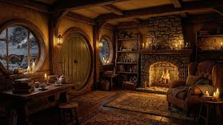 🔥🌨️ Inside a Cozy Hobbit Home During a Snowstorm | Relaxing Fireplace Sounds