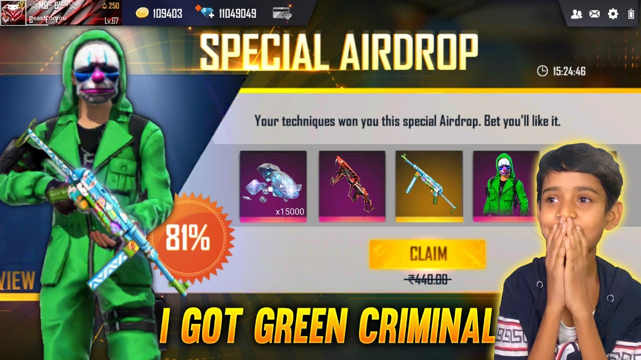 First Time I Got Crazy Bunny MP40 In Air Drop And Green Criminal Bundle Account Garena Free Fire