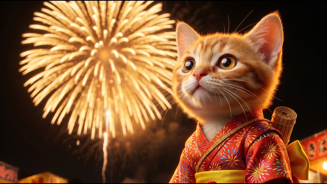 日本の夏祭り：浴衣姿の猫、モンちゃんの花火大会体験 - YouTube