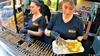 Street Food Fest in Italy. Grilled Meat, Burgers, Angus, Smoked Pork, Sausages, Octopus