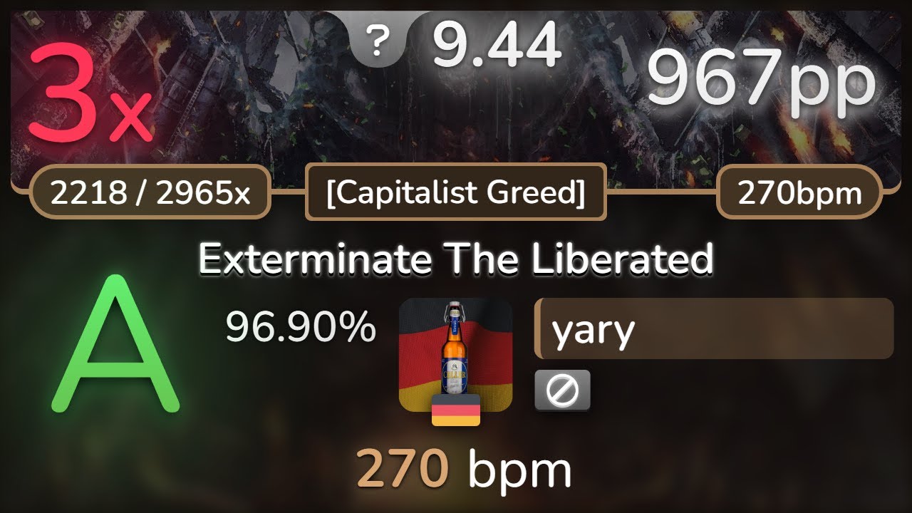 9.4⭐ yary | Acrania - Exterminate The Liberated [Capitalist Greed] 96.90% | 967pp 3❌ - osu!