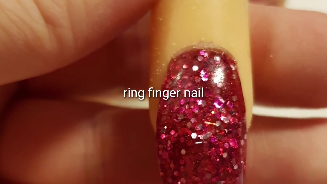 Pink glitter acrylic nail on hand trainer YouTube