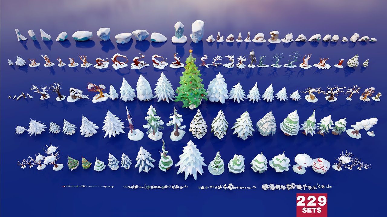 Stylized Snow-Covered Winter Nature Low Poly 3D Pack (bush, tree, plants, rock)  - UE