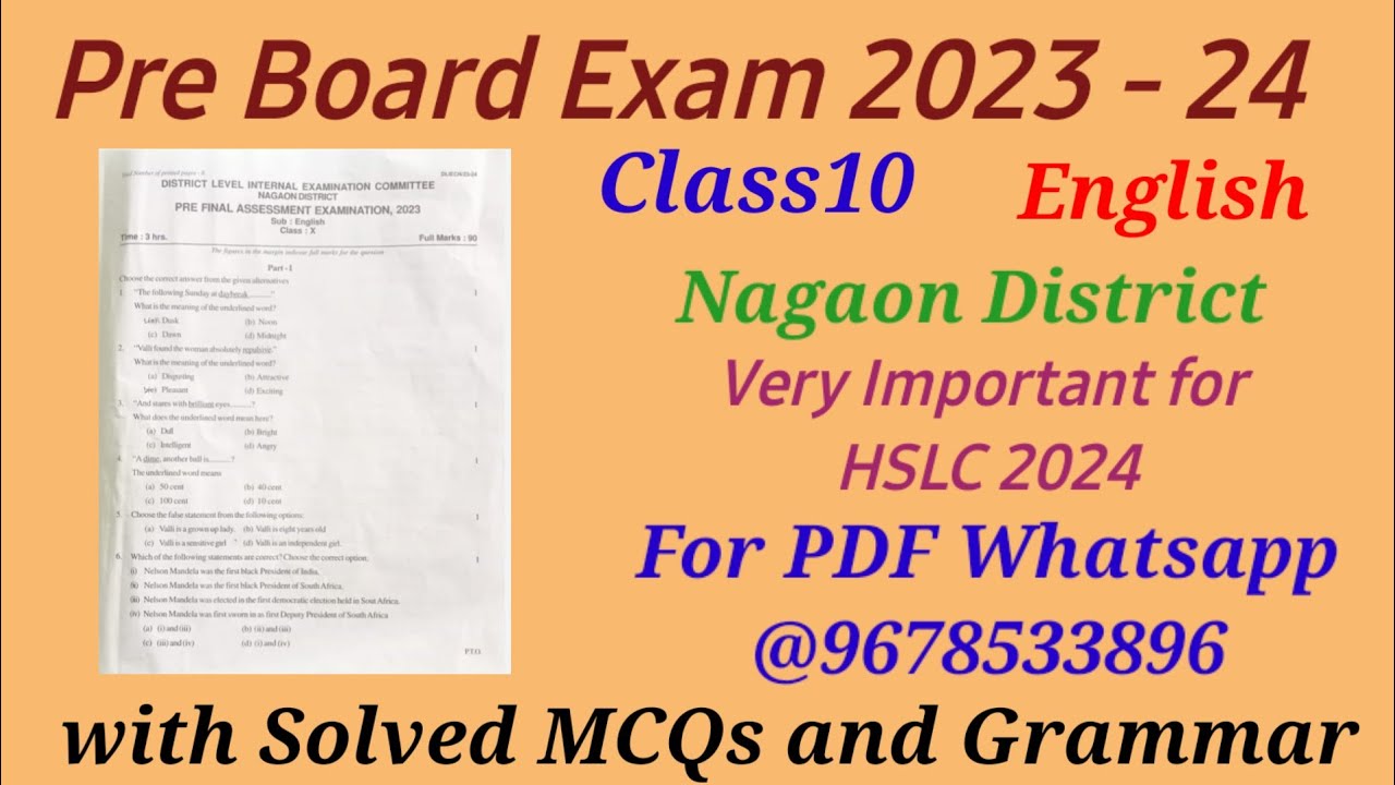 Pre Board Exam 2023-24। English। Class X । With Solved MCQs and Grammar ...