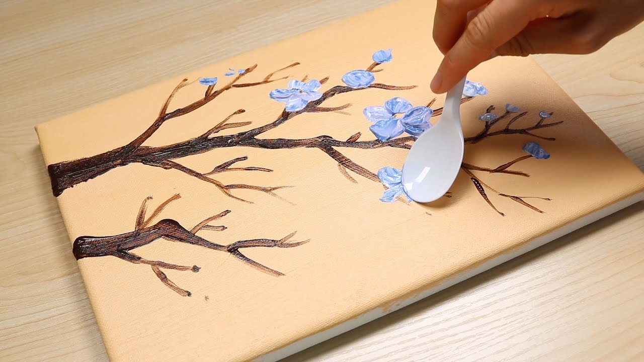 How to Paint Blue Flowers with Spoon l Easy Flower Acrylic Painting #29 ...