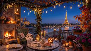 Paris Night Jazz Terrace ☕ Smooth Jazz with Eiffel Tower Views & Cozy Fireplace Ambience for Sleep screenshot 2
