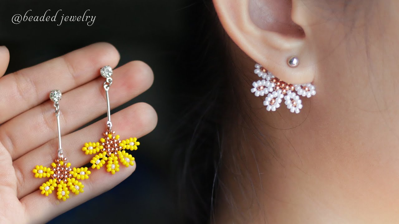 Half daisy jacket earrings. How to make beaded earring