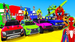 Spiderman Cars Racing Challenge On Down Fall Ramp ! Superhero Hulk  Goku Jeep Monster Trucks - Gta 5