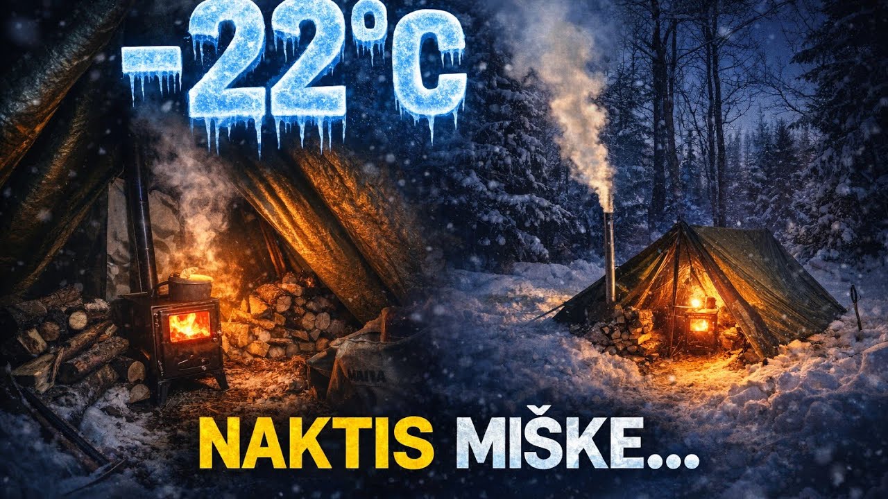 Naktis miške prie -22°C su palapine ir malkine krosnele