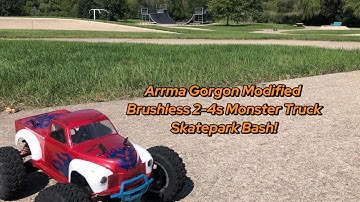 Skatepark Bash Featuring the Arrma Gorgon RWD Modified 2-4s Brushless Monster Truck! #stunt #rc #car