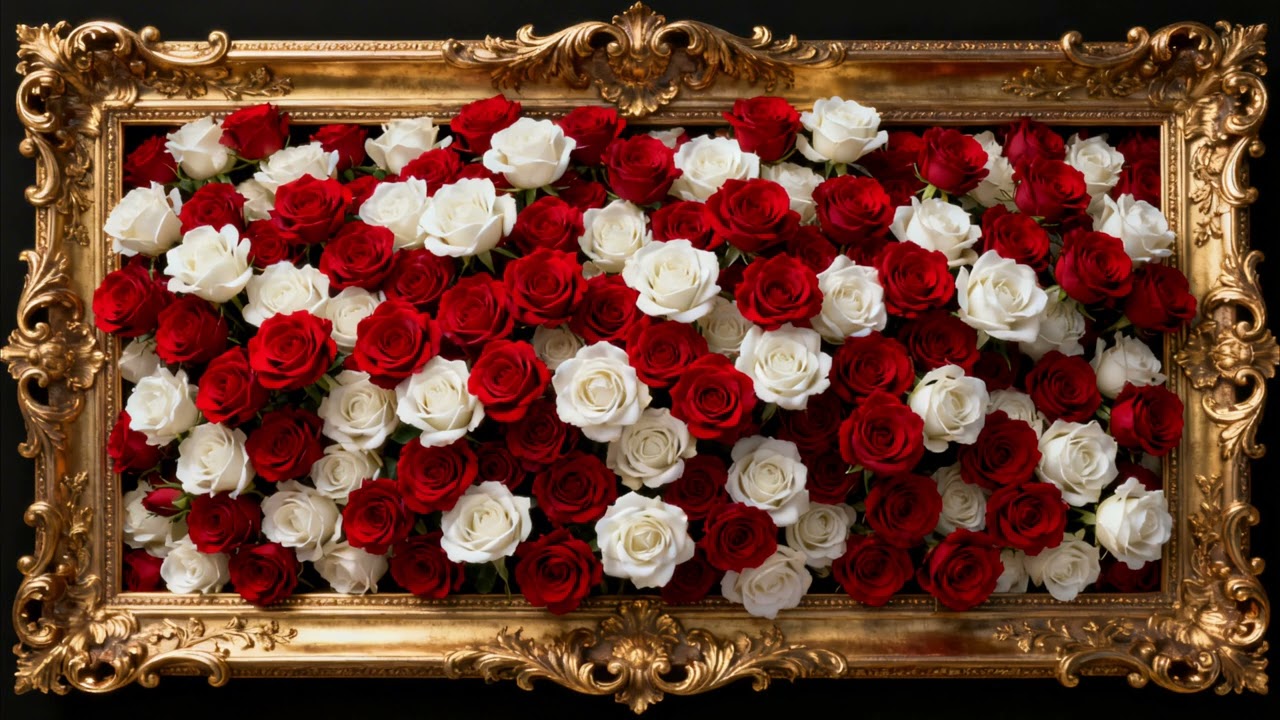 Red & White Roses in a Golden Frame 🌹🤍 | 4K Frame TV Art | Dramatic Romantic TV Wallpaper