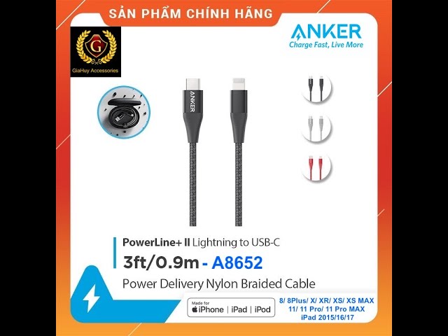 Cáp bện Nylon USB-C ra Lightning ANKER PowerLine+ II chuẩn MFi dài 0.9m [Có túi đựng] - A8652