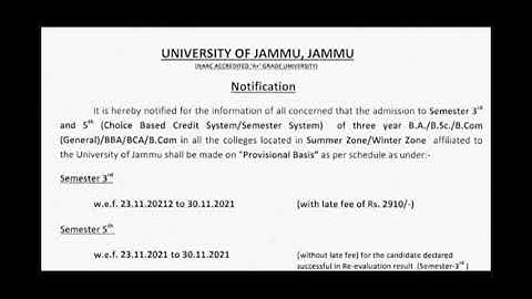 jammu university||3rd and 5th sem CBCS admission re-open provisional basis