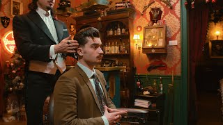 Master barber gives rockabilly style haircut to a gentleman, in a classy barber shop, ASMR style