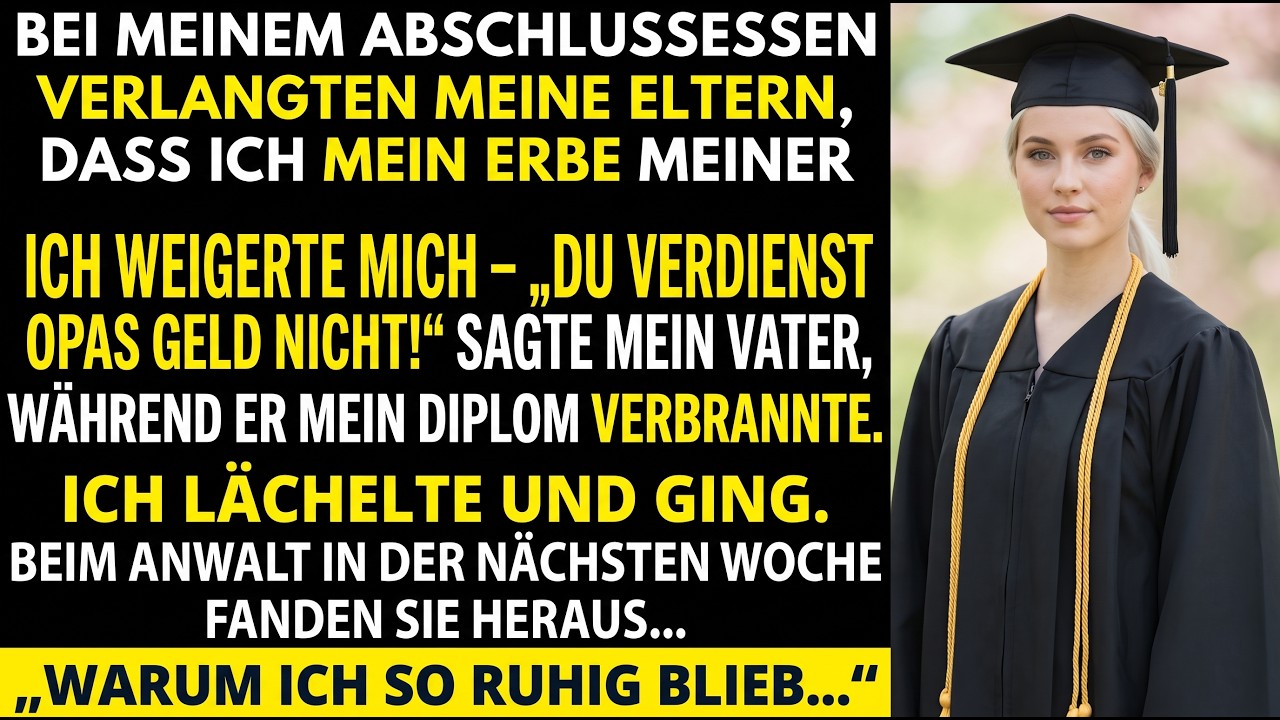 Als mein Vater mein Diplom über der Tischkerze verbrannte und flüsterte: „Du verdienst Großvaters Geld nicht“, hätte ich weinen sollen – stattdessen lächelte ich. Sie wussten nicht, dass Großvater...