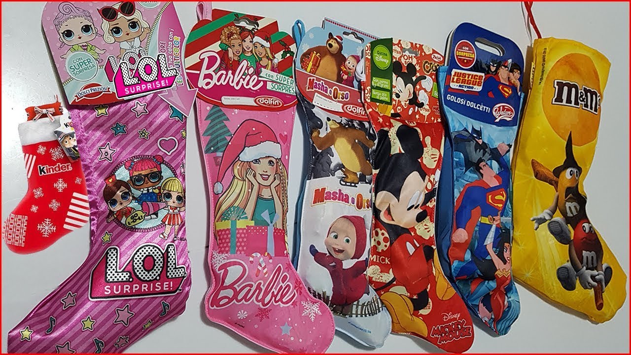 Apriamo le CALZE della BEFANA LOL surprise Barbie Masha e Orso Topolino Justice League M&m’s