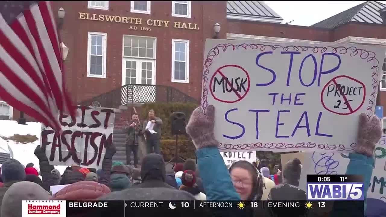 Demonstrators gather outside Ellsworth City Hall as part of statewide protests