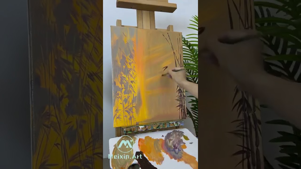 Golden Hand-Painted Bamboo Forest Painting Sunset Light Natural Plant Art Interior Walls Plant Art