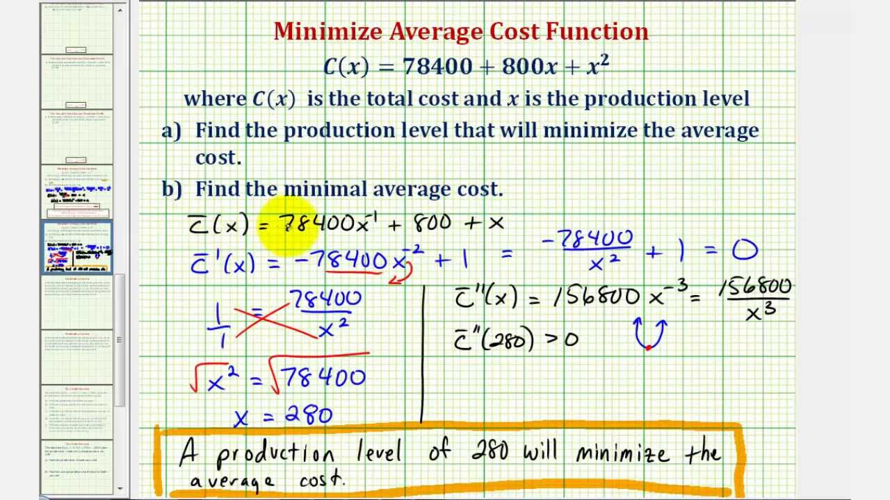 Ex Find The Average Cost Function And Minimize The Average Cost Youtube