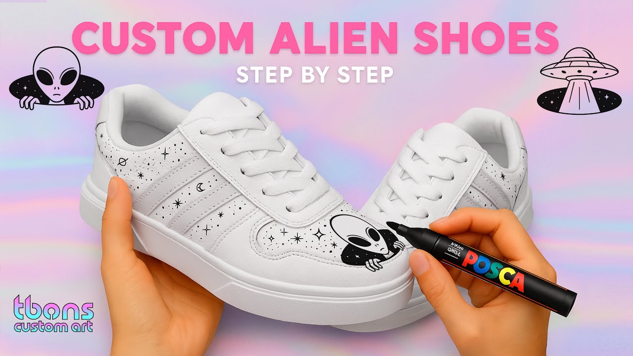 How to Paint Custom Sneakers | Hand-Drawn Alien & UFO Art on White Shoes