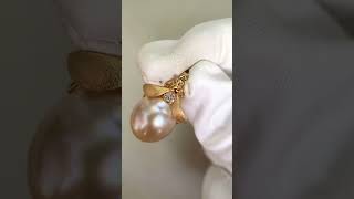 Giant 15.5mm Golden South Sea Baroque Pearl Pendant, Japanese Brushed Bee Design Clip-On Fitting Profile