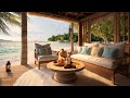Cozy beach house porch in summer ambience with relaxing ocean waves and tropical birdsong