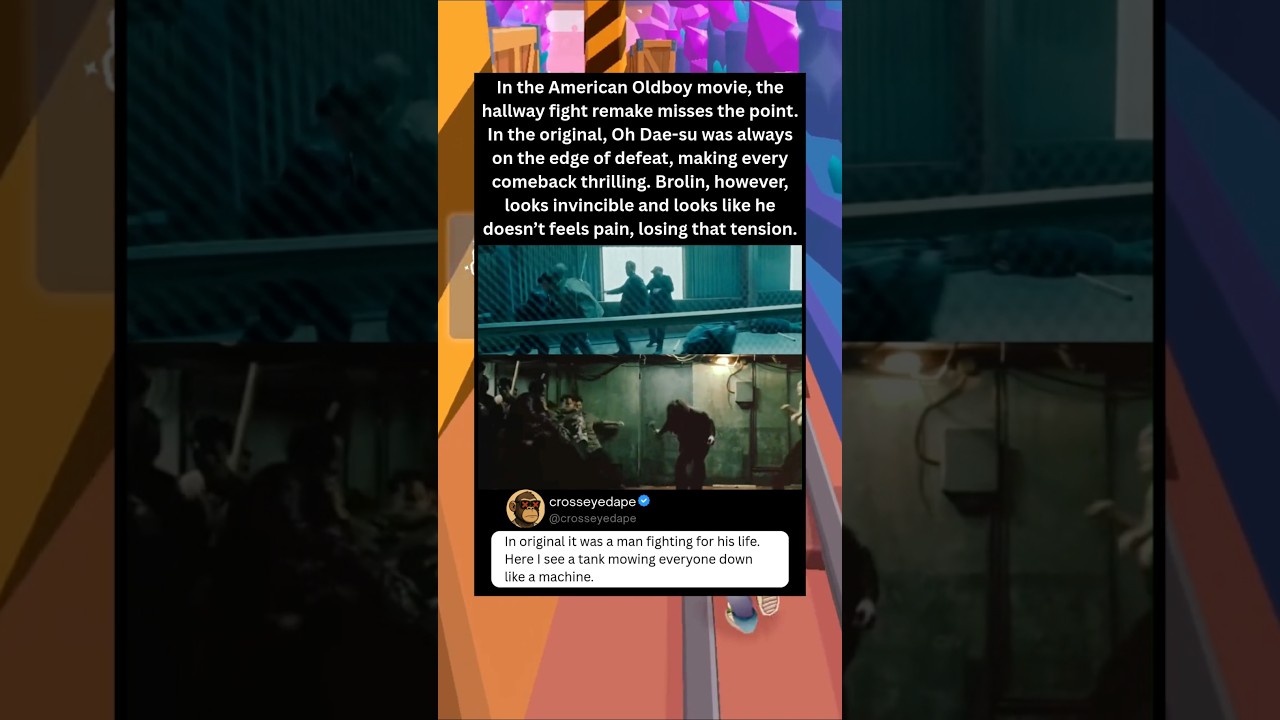 In the American Oldboy movie, the hallway fight remake misses the point. In the original, Oh Dae-su