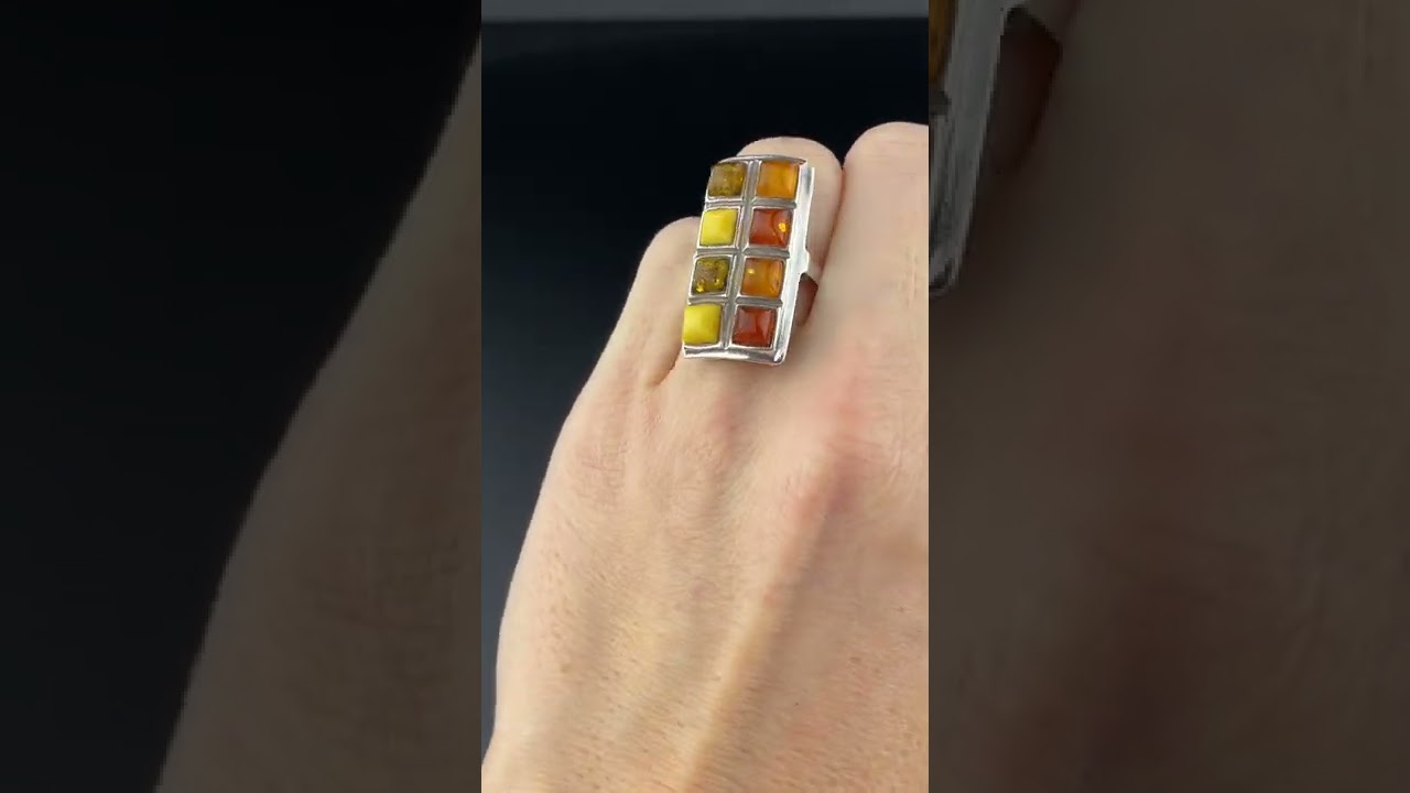 Vintage Silver Baltic Butterscotch Amber Statement Ring, Sz 5 3/4