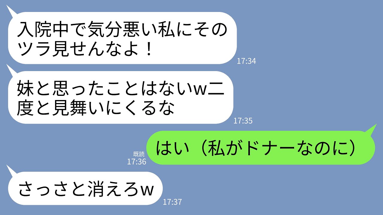 【LINE】妹の私が唯一のドナーだと知らず病室でビンタして絶縁宣告した姉「お前を妹と思ったことない！二度とツラ見せるな！」→お望み通り二度と会いに行かなかった結果がwww