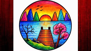Easy Circle Scenery Drawing Tricks with Colours/ Easy Scenery Drawing/Circle scenery drawing#scenery