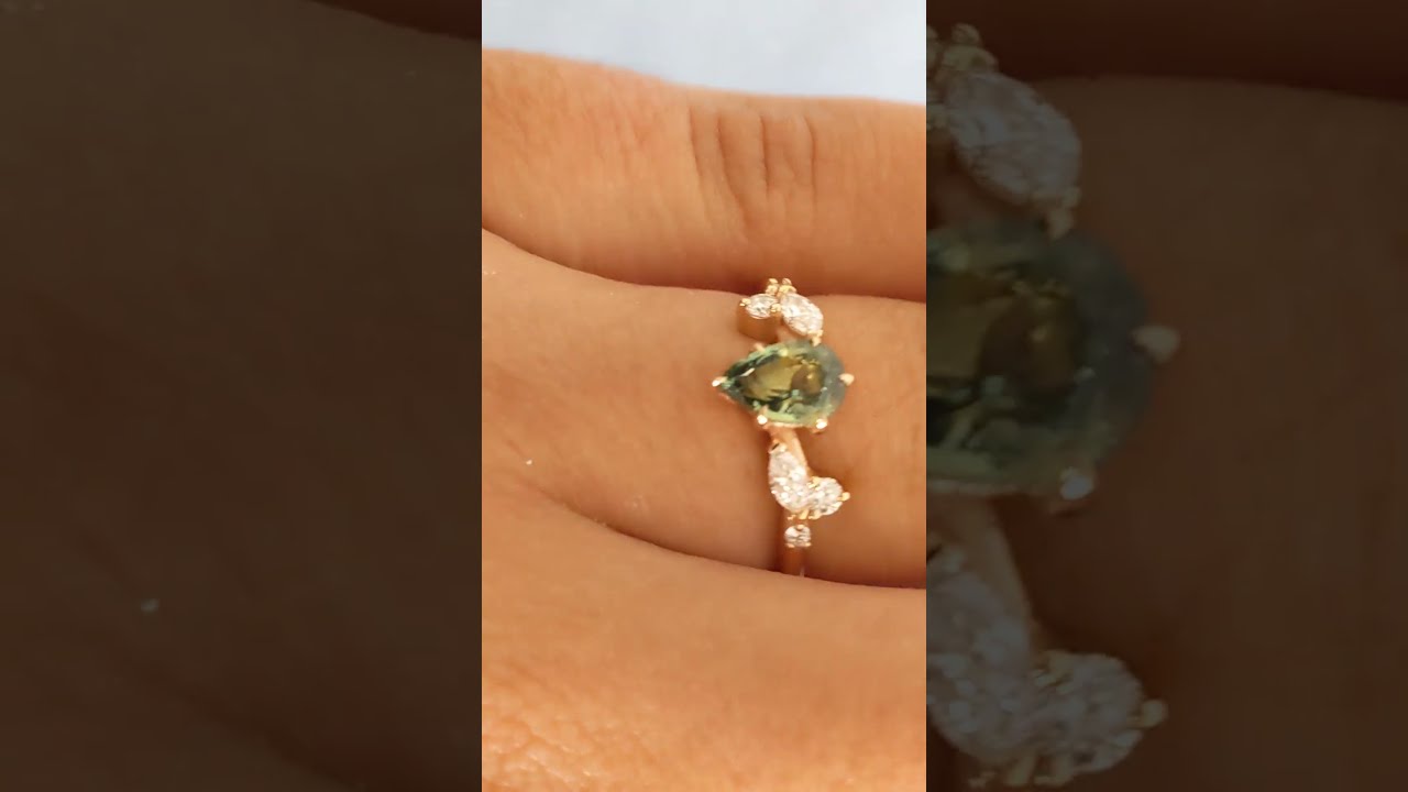 Teal Sapphire Engagement Ring, 18k Rose Gold Nature Inspired Ring, Pear Cut Green Blue Sapphire Ring