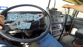 truck drivers view, MACK dump truck gets stuck / shifting gears
