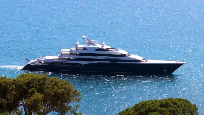 Bernard Arnault's luxury yacht Symphony moored in the gulf of St Tropez,  Southern France, August 2, 2017. She is a 101 meter luxury yacht, built as  Project 808 at the Royal Van