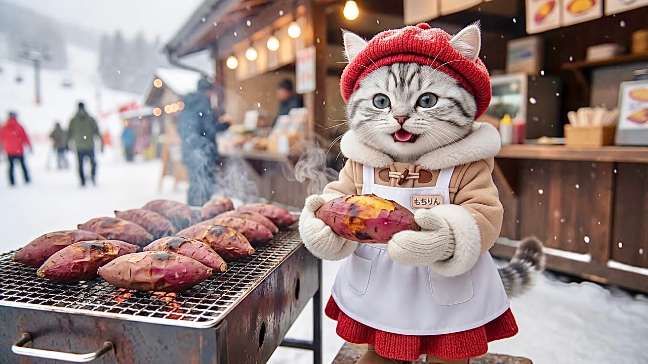 いらっしゃいませ!!雪山屋台でバイト…ねこの一日に密着🐱🍢🍠⛷️