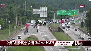 Overturned 18-wheeler shuts down I-20 WB ramp to I-59 in Birmingham