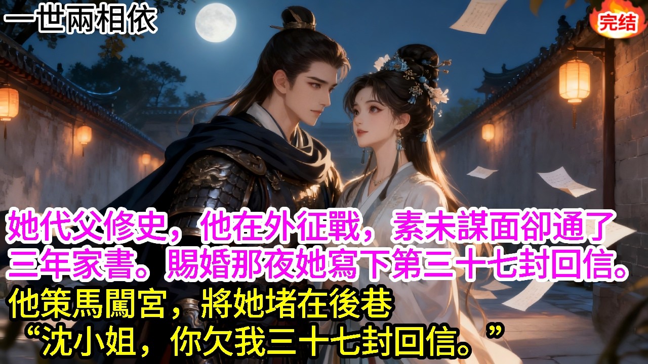 她代父修史，他在外征戰，素未謀面卻通了三年家書。賜婚聖旨入宮那夜她寫下第三十七封回信。他策馬闖宮，將她堵在後巷：“沈小姐，你欠我三十七封回信。”#古言#甜文#爽文#一世兩相依