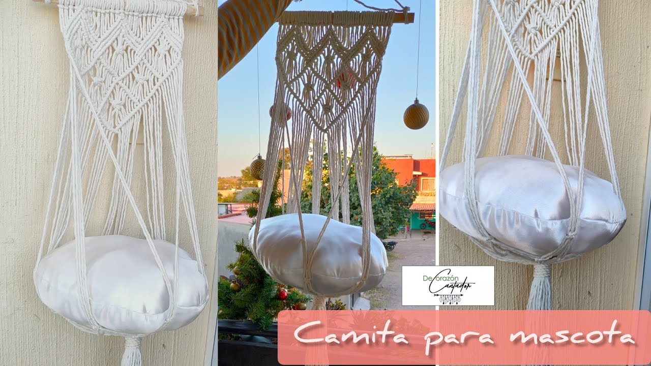 Hamaca para gatos de macramé, cama colgante tejida a mano para