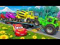 TRANSPORTING PIXAR CARS &amp; FRUITS WITH COLORED &amp; JOHN DEERE vs CLAAS vs TRACTORS - BeamNG.drive #983