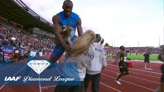 IAAF Diamond League Oslo 2012 - Usain Bolts wins 100m in 9.79 seconds, defeats Asafa Powell and crashes into the flower girl.