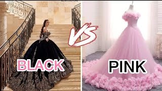 black dress /pink dress/high heels/black challanges,