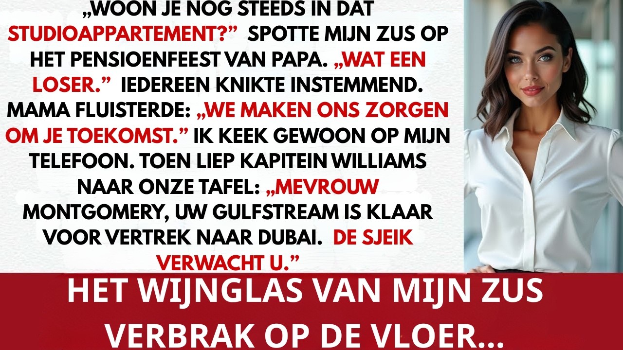 "34 jaar, een studioappartement en geen toekomst – dat dacht mijn familie. Mijn zus Jennifer maakte er een show van op het pensioenfeest van mijn vader. 'Wat een verliezer,' zei ze, luid genoeg...