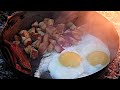 Bacon, Egg, and Hashbrown Skillet Cooked on a Campfire