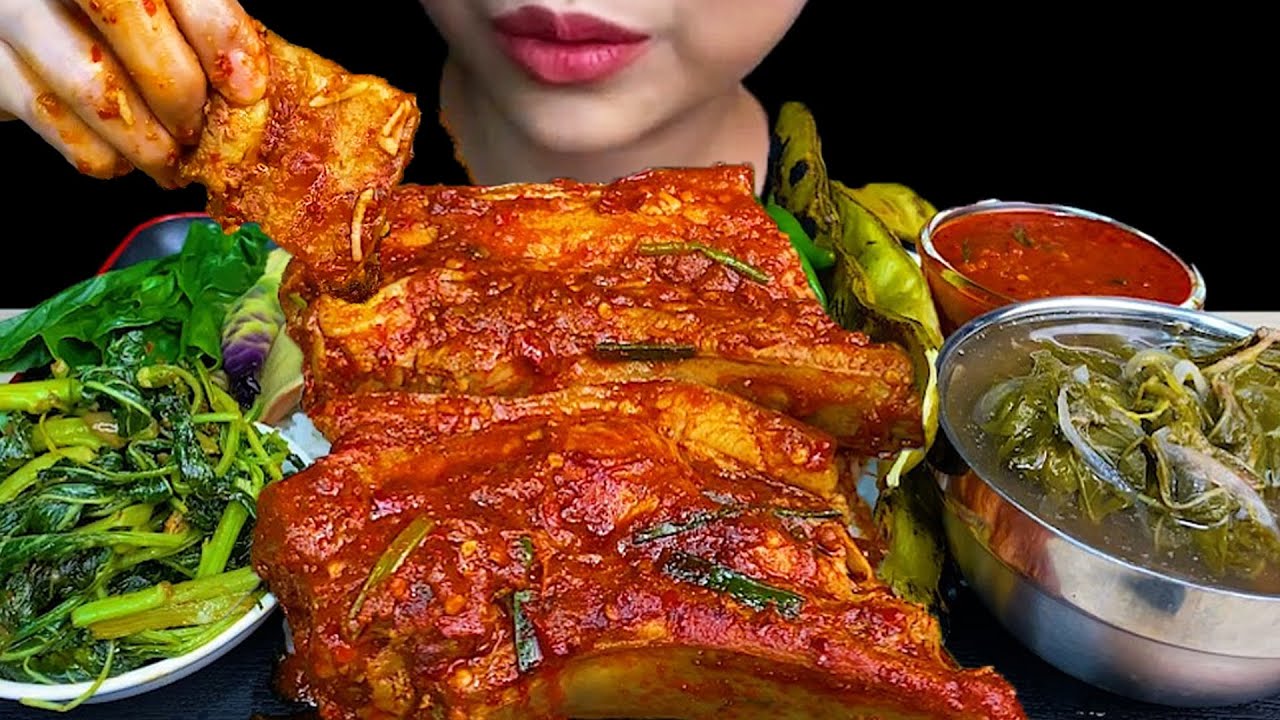 Spicy Pork Belly With Stir Fry Spinach * MUKBANG SOUNDS *