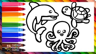 Disegnare E Colorare Animali Marini: Un Delfino, Una Tartaruga E Un Polpo 🌊🐬🐢🐙🌈 Disegni Per Bamb