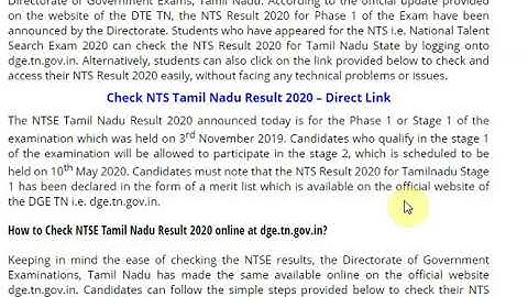 NTSE Result Tamil Nadu 2020 Declared, Get Direct Link Here, Check NTS Result at dge.tn.gov.in