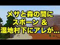 【マインクラフトPE】メサと森の間にスポーン＆湿地村＆肉屋の下にアレが。。。（シード値紹介）
